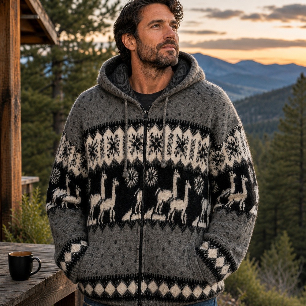 Ecuador Wool Llama Hooded Sweater Jacket Yari Artesanias Men's L
